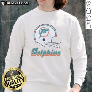 Alt Text: Awesome Miami Dolphins football logo on a big helmet sweatshirt, perfect for fans and sports enthusiasts.