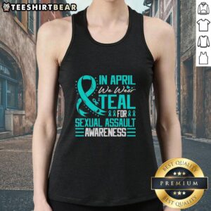 Teal tank top for Sexual Assault Awareness featuring a blue ribbon, perfect for April awareness events.
