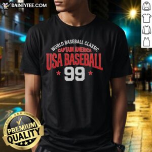 Alt Text: Hot World Baseball Classic Captain America USA Baseball 99 Stars T-Shirt featuring patriotic design and vibrant colors.