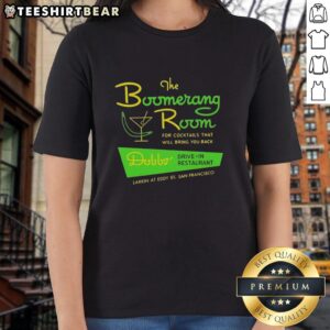 Alt Text: Vintage logo of The Boomerang Room and Dobbs Drive-In, a classic San Francisco restaurant, on a ladies' tee.