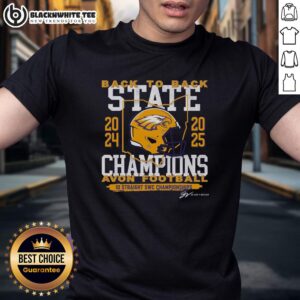 Top Avon Football Back To Back State Champs T-Shirt featuring team colors and bold championship graphics.