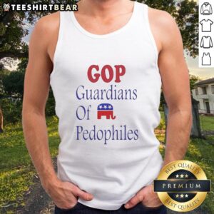 Good Gop Guardians of Pedophiles tank top featuring an elephant symbol, critiquing political themes in bold design.