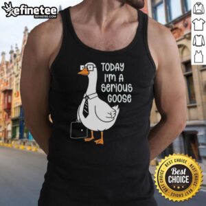 Alt Text: Goose wearing a backpack and a 'Today Im a Serious Goose' tank top, showcasing fun and playful pet fashion.