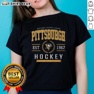 Alt Text: Hot Pittsburgh Penguins Hockey Legacy Crest Ladies Tee featuring team colors and logo for stylish fan apparel.