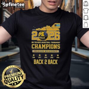 Alt Text: Pretty Michigan Wolverines 2026 Big Ten Men's Basketball Tournament Champions Back 2 Back Skyline T-Shirt design