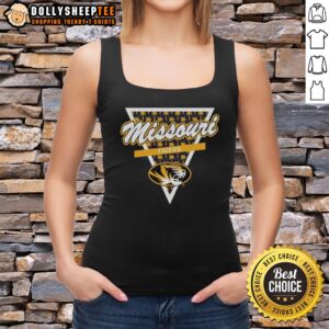 Alt Text: Stylish tank top featuring a 'Hot Missouri Tigers Football' design with a palm tree pattern inside a triangle logo.