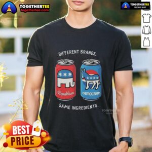 Funny political humor T-shirt featuring different brands with the same ingredients design for unique style.