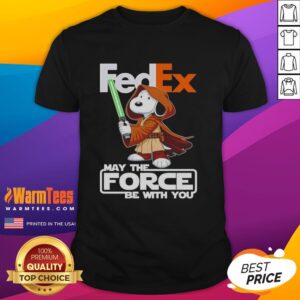 Alt Text: Cute Snoopy FedEx t-shirt featuring 'May the Force Be With You' design for fans of Star Wars and Peanuts.