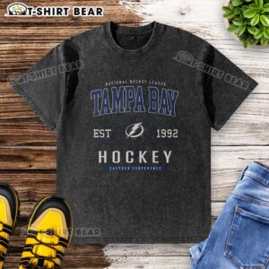 Alt Text: Hot Tampa Bay Lightning Hockey Legacy Crest Washed T-Shirt featuring team colors and vintage design for fans.