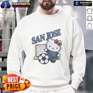 Alt Text: Original San Jose Earthquakes FC x Hello Kitty sweatshirt featuring vibrant design and team logo, perfect for fans.
