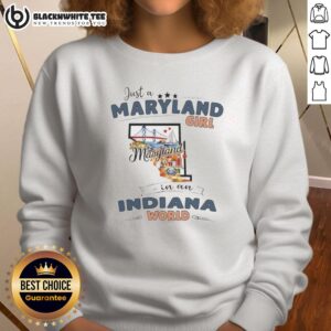Maryland girl in Indiana world sweatshirt featuring a stylish state map outline design, perfect for state pride.