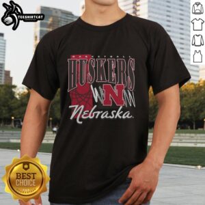 Alt Text: Premium Nebraska Huskers basketball graphic T-shirt featuring the iconic team logo and vibrant red design.