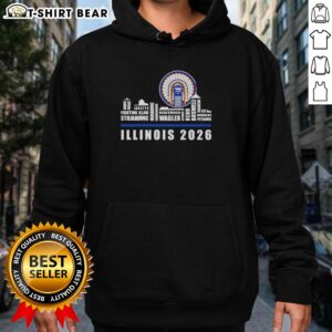 Alt Text: Original Illinois Fighting Illini NCAA Basketball 2026 player skyline hoodie in vibrant orange and blue colors.