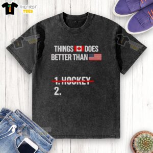 Alt Text: Premium patriotic American washed t-shirt featuring a funny sarcastic quote about Canada and USA humor.