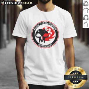 Alt Text: Official Magic The Gathering Antifascist T-Shirt design featuring bold graphics and vibrant colors promoting inclusivity.