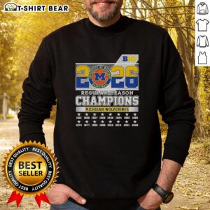 Michigan Wolverines sweatshirt commemorating the 2026 Big Ten Regular Season Champions, featuring team colors and logo.