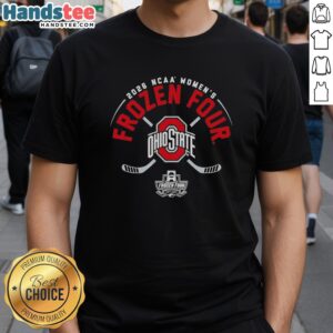 Official Ohio State Buckeyes NCAA Womens Ice Hockey 2026 Frozen Four logo t-shirt featuring vibrant team colors.