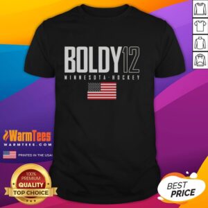 Alt Text: Cute Matt Boldy 12 Minnesota Wild USA Flag Elite T-Shirt featuring vibrant graphics and team colors.