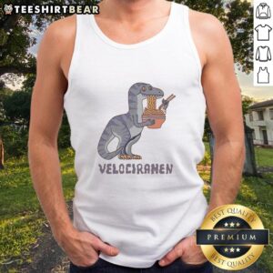 Awesome Velociramen tank top featuring a playful dinosaur graphic, perfect for fans of quirky dinosaur apparel.
