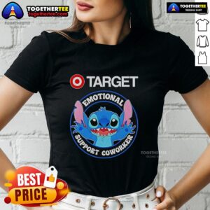 Official Happy Stitch Target Emotional Support Coworker Ladies Tee in vibrant colors, perfect for casual, uplifting outfits.