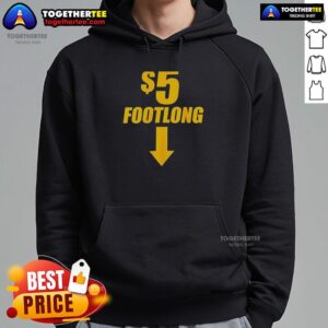 Alt Text: Official 5 Footlong Below Here Hoodie displayed on a hanger, featuring vibrant colors and stylish design for casual wear.