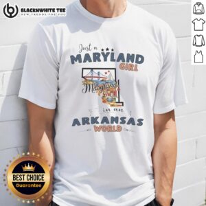 Alt Text: Awesome Just A Maryland Girl In An Arkansas World Map T-Shirt design featuring a colorful state map and stylish typography.