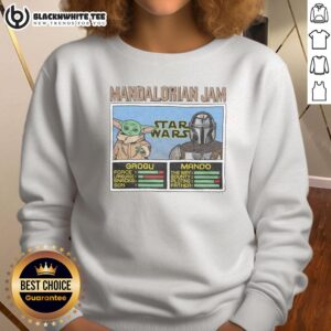 Alt Text: Cozy 'Awesome Mandalorian Jam' sweatshirt featuring Grogu and Mando, perfect for fans of The Mandalorian series.