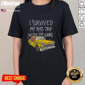 Group of friends in NYC wearing 'Pretty I Survived My NYC Trip' Spider Perks ladies tees, smiling and enjoying the city.