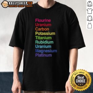 Official Flourine Uranium Carbon Potassium Titanium Rubidium Uranium T-Shirt featuring vibrant scientific graphics and elements.