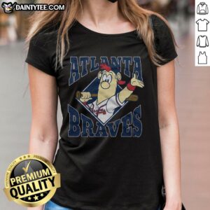 Alt Text: Good Atlanta Braves mascot ladies tee featuring vibrant team colors and a fun graphic design for female fans.