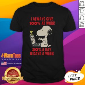 Alt Text: Funny Snoopy t-shirt design with I Always Give 100% At Work 20% A Day 5 Days A Week quote, perfect for casual wear.