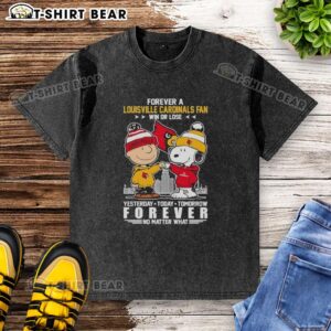 Alt Text: Original Snoopy and Charlie Brown NCAA Forever Louisville Cardinals fan washed t-shirt, perfect for win or lose.