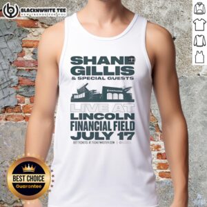 Shane Gillis performing live at Lincoln Financial Field on July 17, wearing a tank top with special guests.