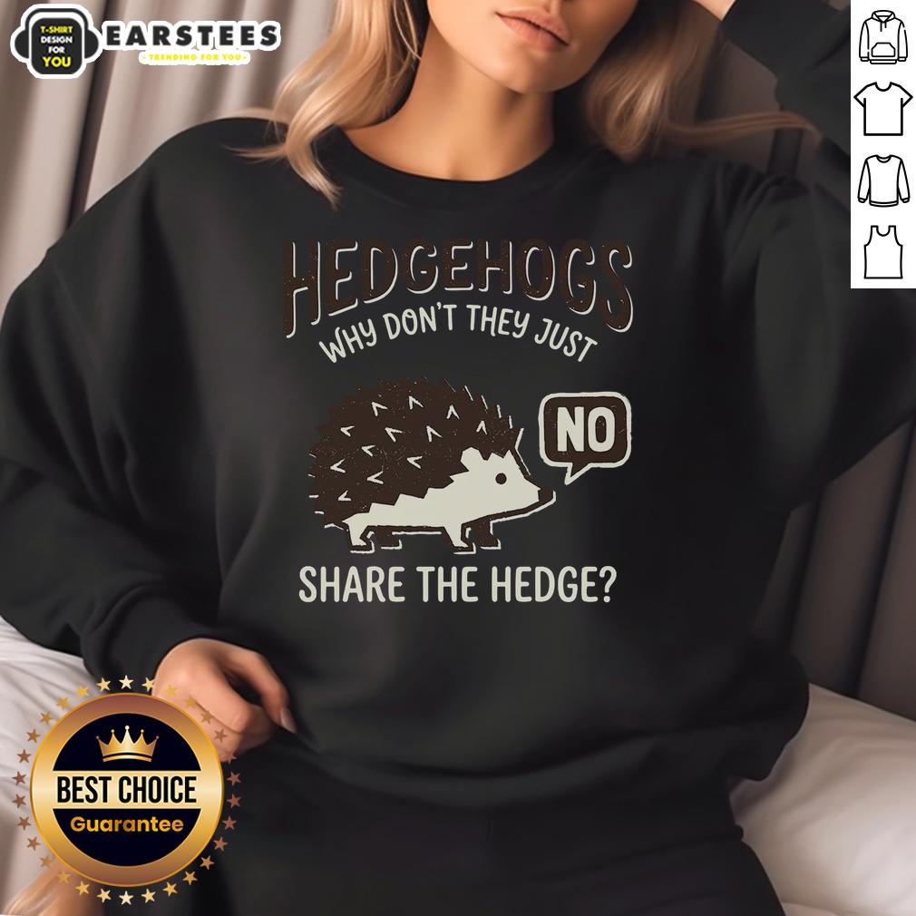 funny-hedgehogs-why-dont-they-just-share-the-hedge-sweatshirt Funny hedgehogs in a playful scene wearing sweatshirts, showcasing Why Don't They Just Share the Hedge design.