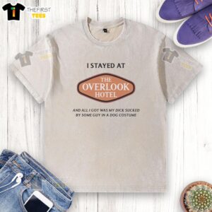 Premium Overlook Hotel stay experience with humorous dog costume encounter and washed T-shirt moment.
