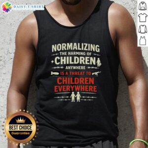 Tank top featuring the phrase 'Normalizing the harming of children anywhere is a threat to children everywhere'.