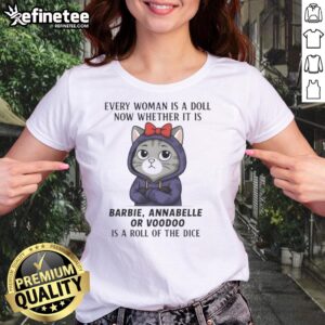 Awesome cat graphic on a ladies tee featuring Barbie, Annabelle, and Voodoo dolls, perfect for playful fashion.