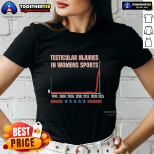 Five stars ladies tee featuring hot testicular injuries in women's sports from 1995 to 2025 graphic design.