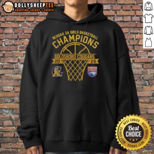 Goldsboro Cougars NCHSAA 3A Girls Basketball Champions 2026 wearing stylish curved hoodie celebrating victory.