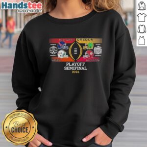 2026 College Football Playoff Semifinal Matchups sweatshirt featuring Ole Miss, Oregon, Miami, and Indiana logos.