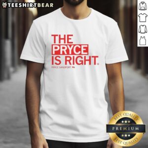 Alt Text: Good Pryce Sandfort wearing 'The Pryce Is Right' T-shirt, showcasing a stylish and playful design for fans.