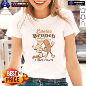 Official Easter Brunch Goetta Egg cartoon ladies tee featuring colorful egg designs and festive spring themes.