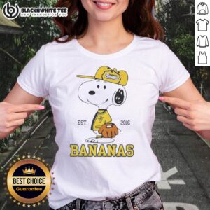 Pretty Peanuts Snoopy X Savannah Bananas Est 2016 Ladies Tee featuring colorful Snoopy design on a stylish shirt.