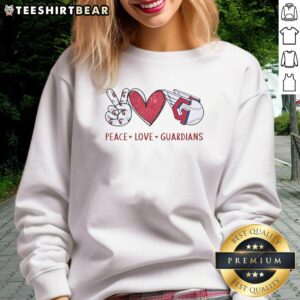 Alt Text: Awesome Cleveland Guardians sweatshirt featuring a heart-shaped hand sign and team logo, perfect for fans.