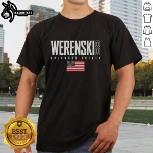 Alt Text: Original Zach Werenski Columbus 8 USA Flag Elite T-Shirt featuring vibrant colors and stylish design for fans.