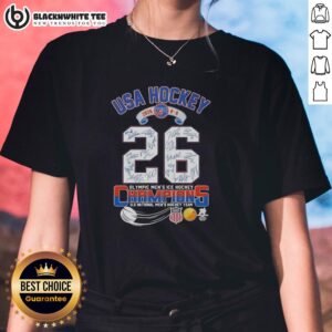 Good USA Hockey 2026 Olympic Men's Ice Hockey Champions Ladies Tee featuring 6-0 score and all signatures.