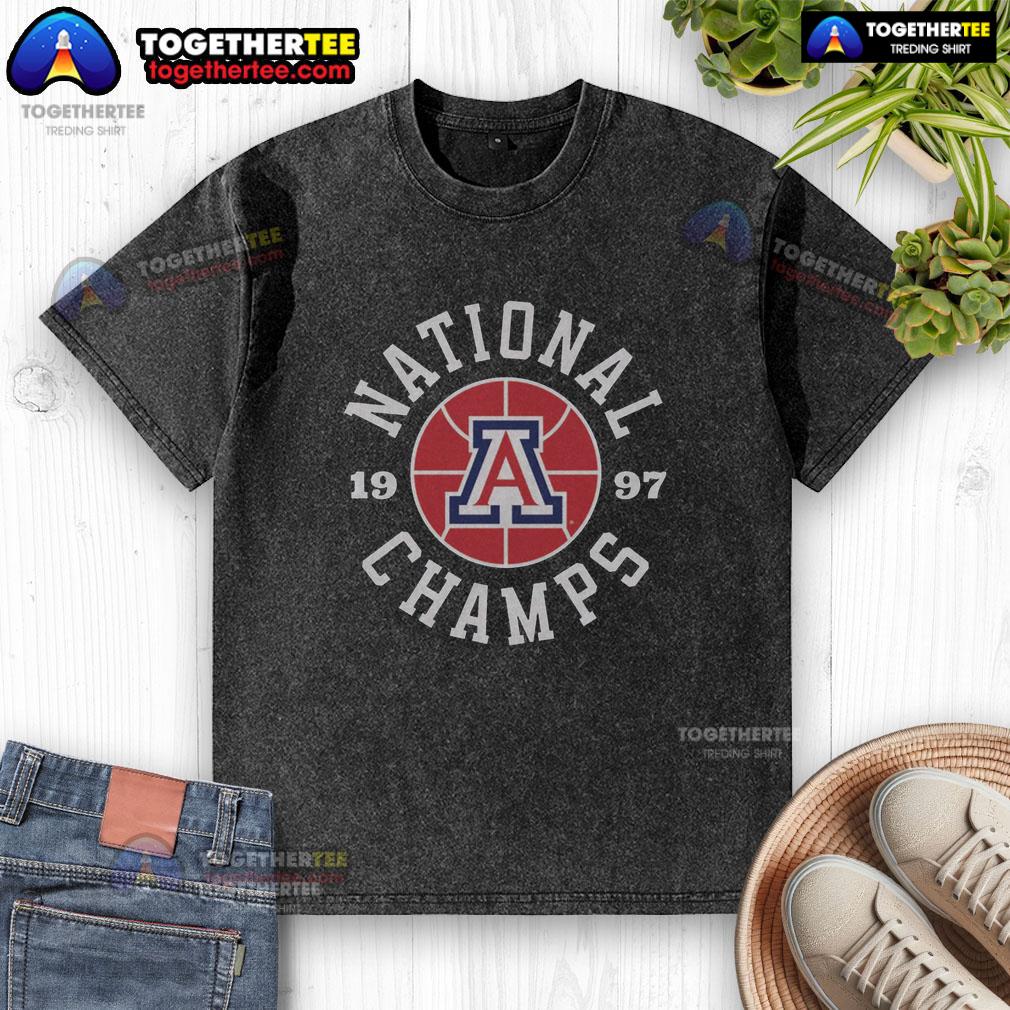 Good 1997 Arizona Basketball National Champs Vintage Washed T Shirt Vintage washed t-shirt featuring the 1997 Arizona Basketball National Champs logo in bold colors.