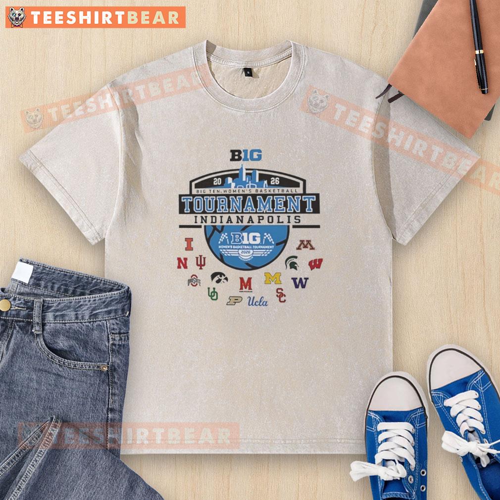 good-2026-big-ten-womens-basketball-tournament-indianapolis-skyline-washed-t-shirt Alt Text: 2026 Big Ten Women's Basketball Tournament Indianapolis skyline graphic on a washed T-shirt design.
