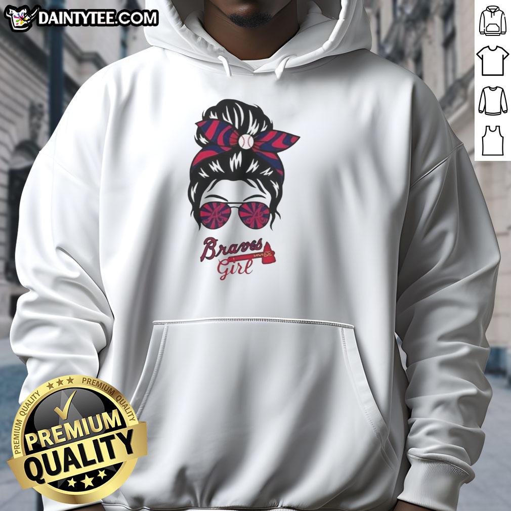 good-atlanta-braves-girl-messy-bun-glasses-hoodie Girl in a messy bun wearing glasses and an Atlanta Braves hoodie, showcasing team spirit and casual style.