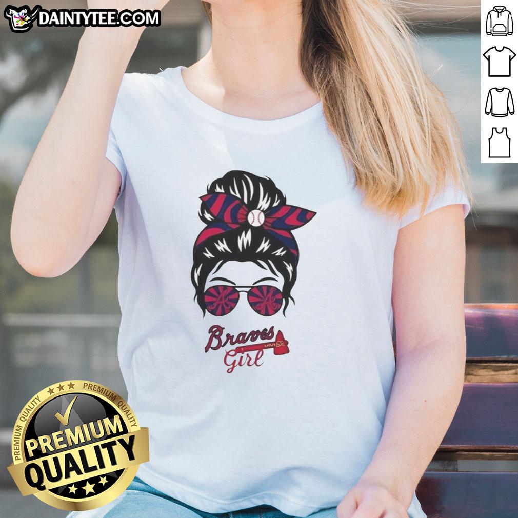 good-atlanta-braves-girl-messy-bun-glasses-ladies-tee Atlanta Braves girl in a messy bun and glasses wearing a stylish ladies tee, showcasing team spirit and casual style.